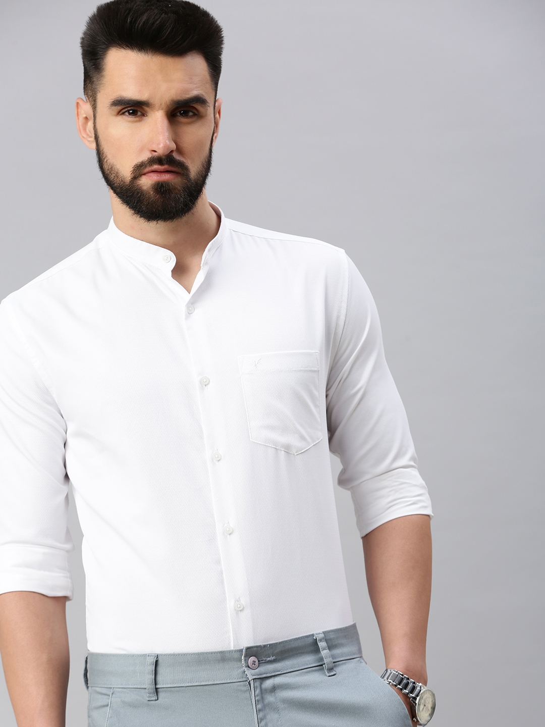 Showoff | SHOWOFF Men White Self Design  Mandarin Collar Full Sleeves Casual Shirt 0