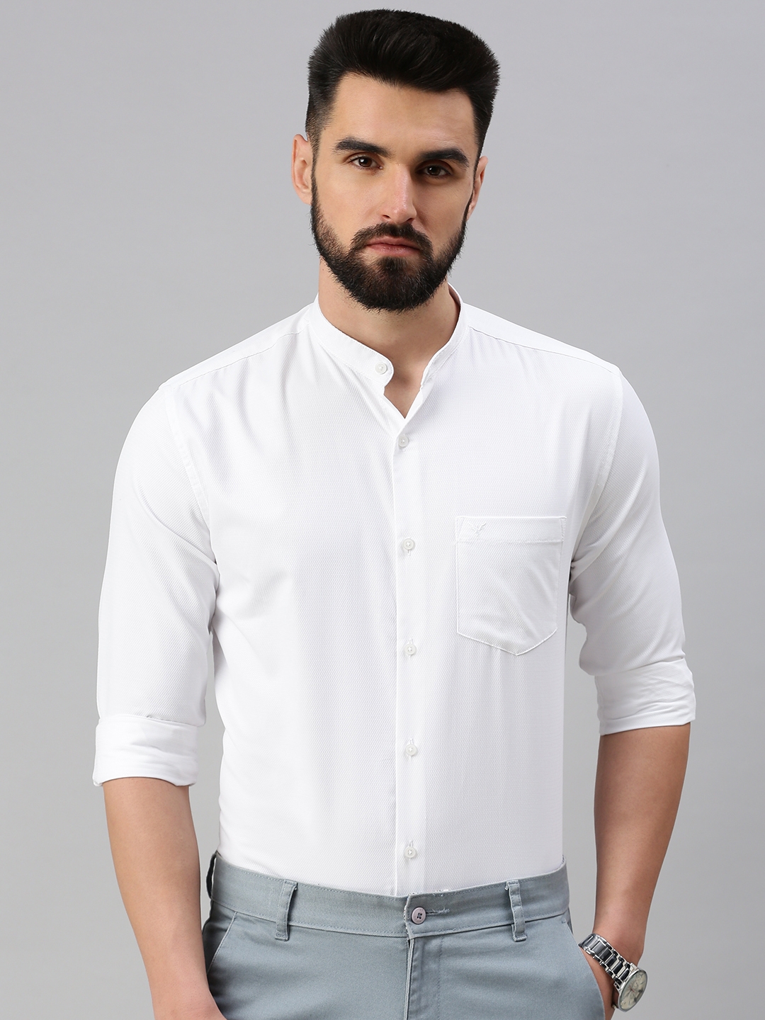Showoff | SHOWOFF Men White Self Design  Mandarin Collar Full Sleeves Casual Shirt 1