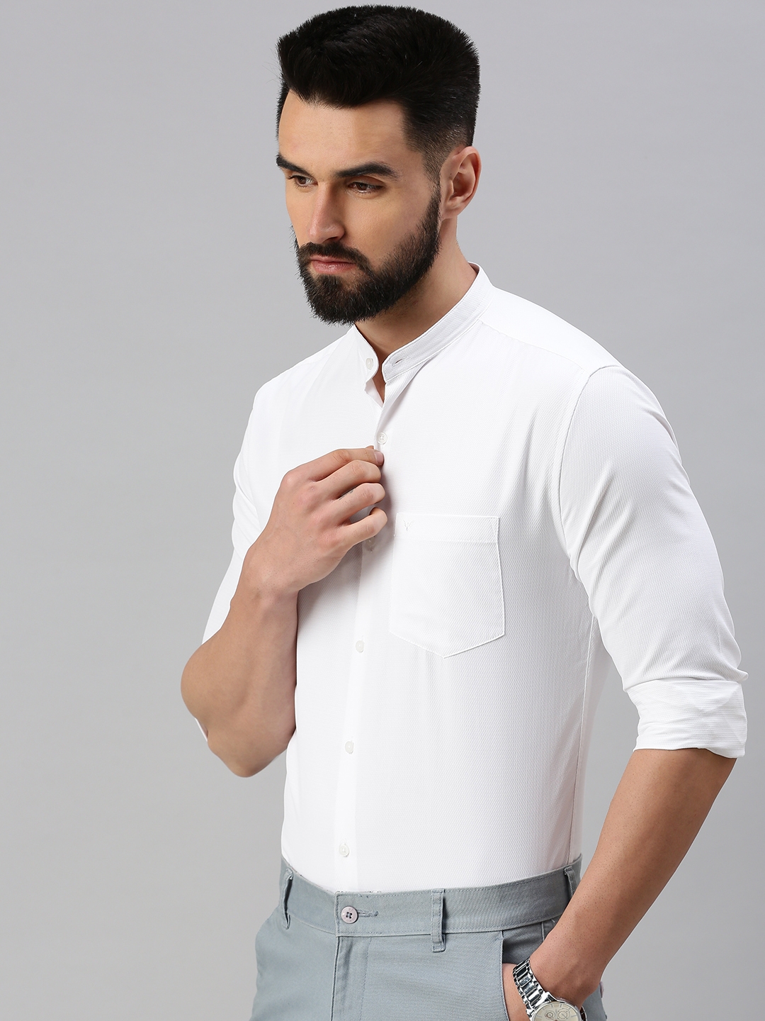 Showoff | SHOWOFF Men White Self Design  Mandarin Collar Full Sleeves Casual Shirt 2