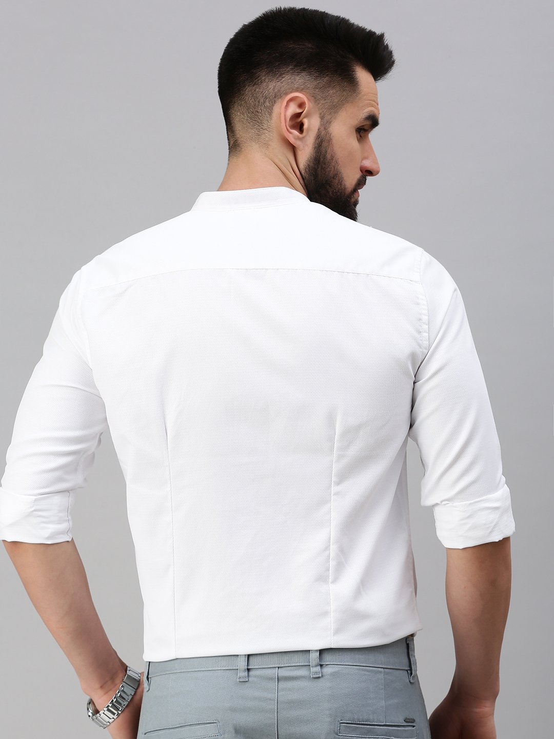 Showoff | SHOWOFF Men White Self Design  Mandarin Collar Full Sleeves Casual Shirt 3