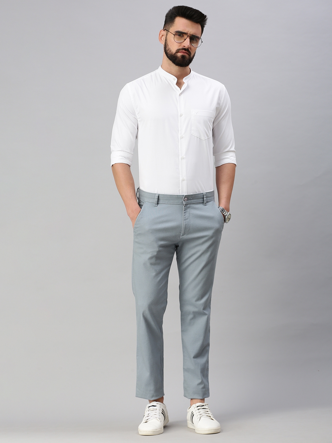 Showoff | SHOWOFF Men White Self Design  Mandarin Collar Full Sleeves Casual Shirt 4