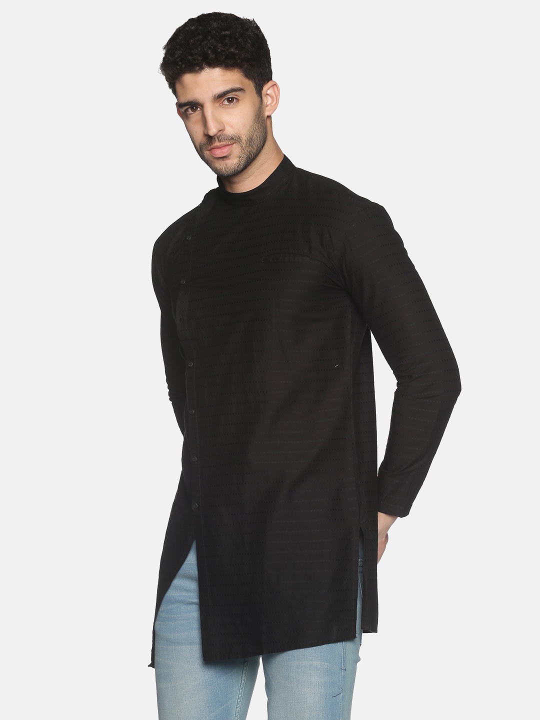 Showoff | SHOWOFF Men Black Striped Mandarin Collar Full Sleeves Above Knee Asymmetric Kurta 1