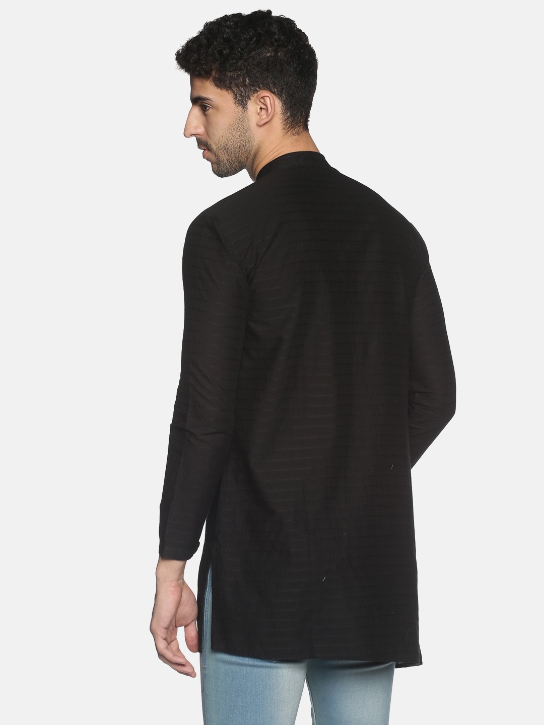 Showoff | SHOWOFF Men Black Striped Mandarin Collar Full Sleeves Above Knee Asymmetric Kurta 2