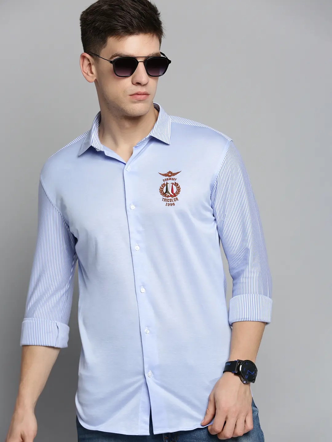 SHOWOFF Men Blue Striped Spread Collar Full Sleeves Casual Shirt