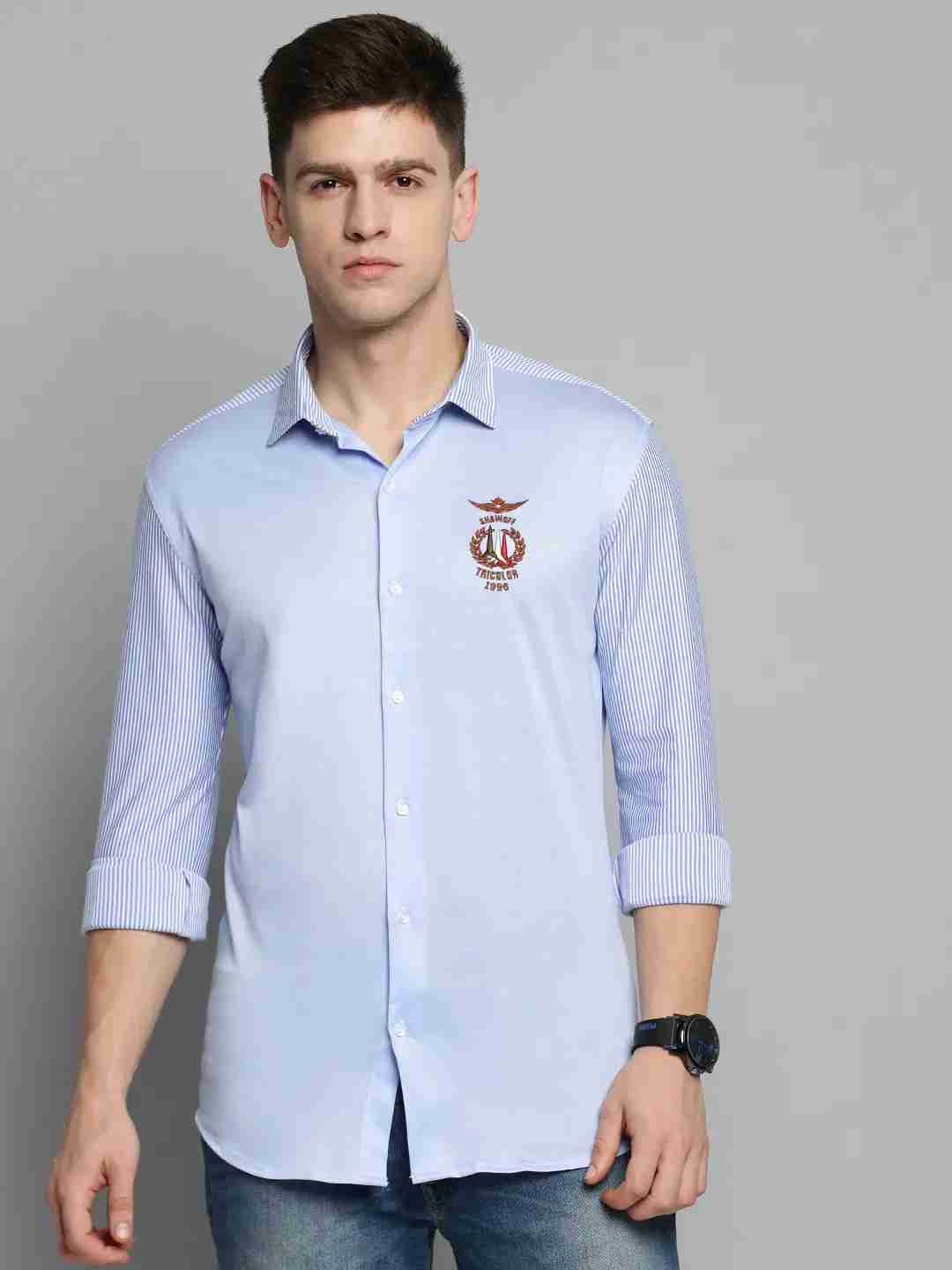 SHOWOFF Men Blue Striped Spread Collar Full Sleeves Casual Shirt