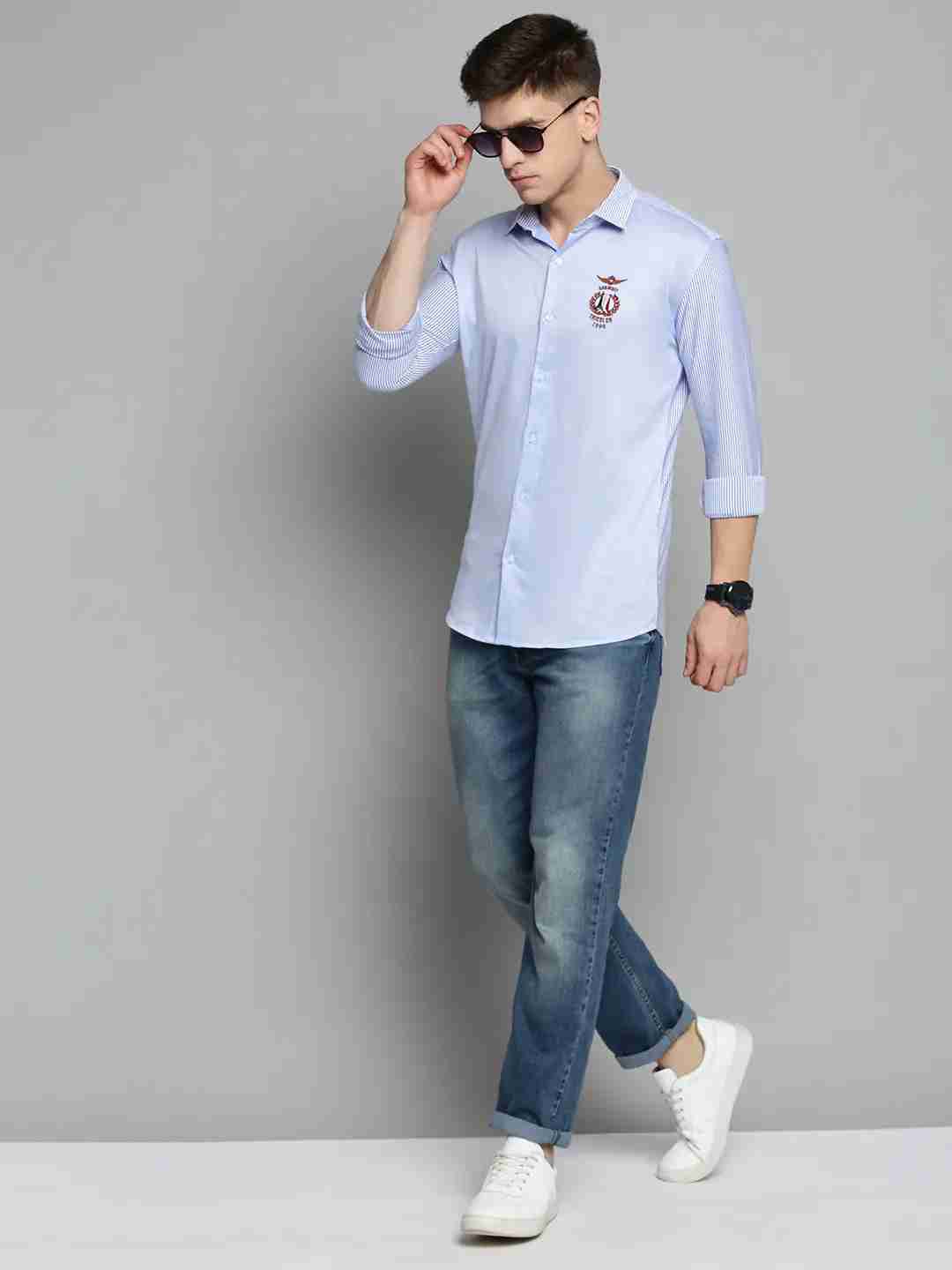 SHOWOFF Men Blue Striped Spread Collar Full Sleeves Casual Shirt