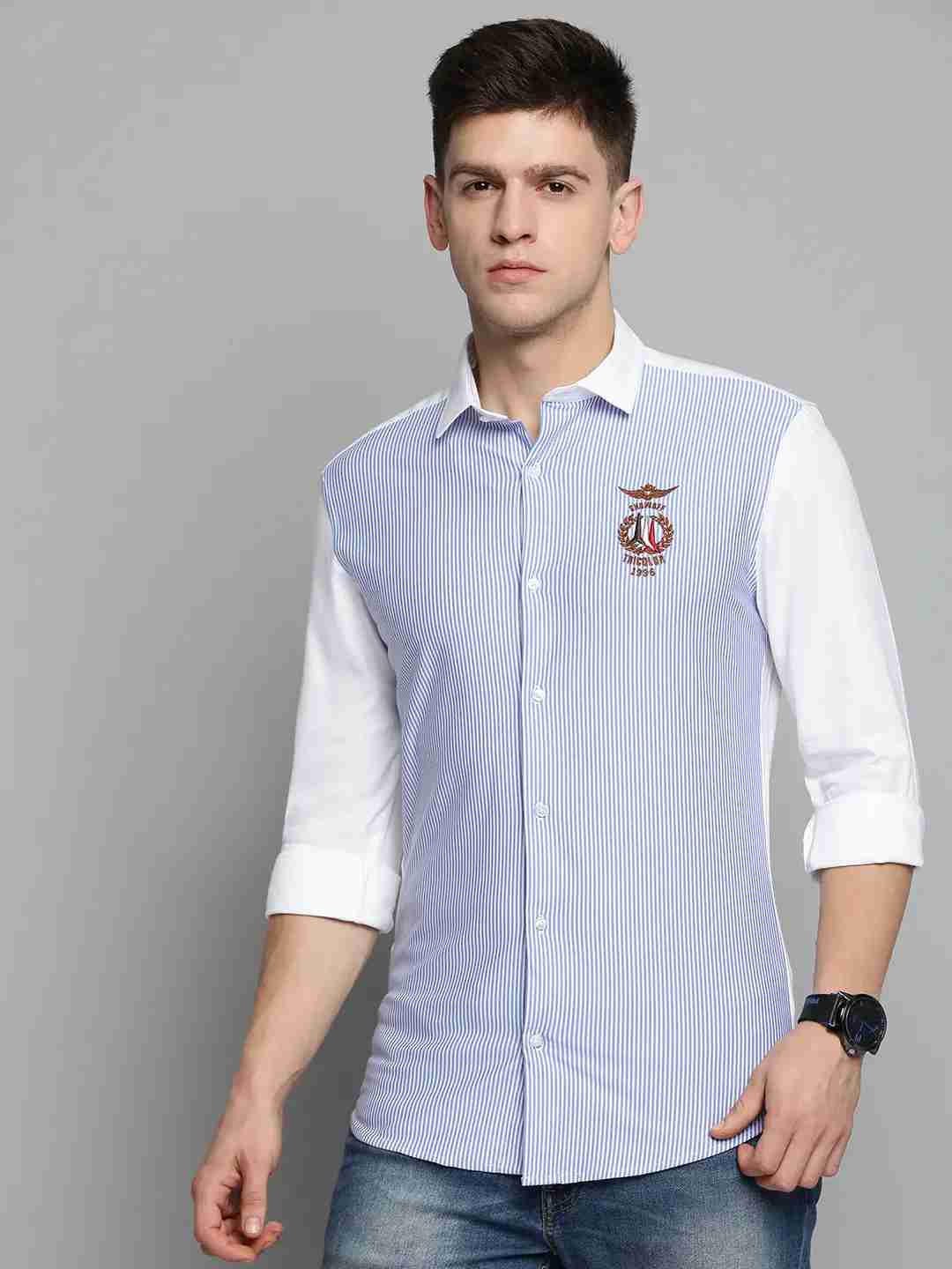 SHOWOFF Men Blue Striped Spread Collar Full Sleeves Casual Shirt