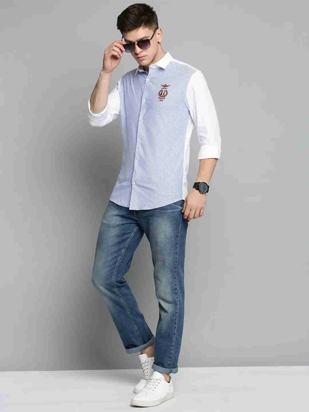 SHOWOFF Men Blue Striped Spread Collar Full Sleeves Casual Shirt