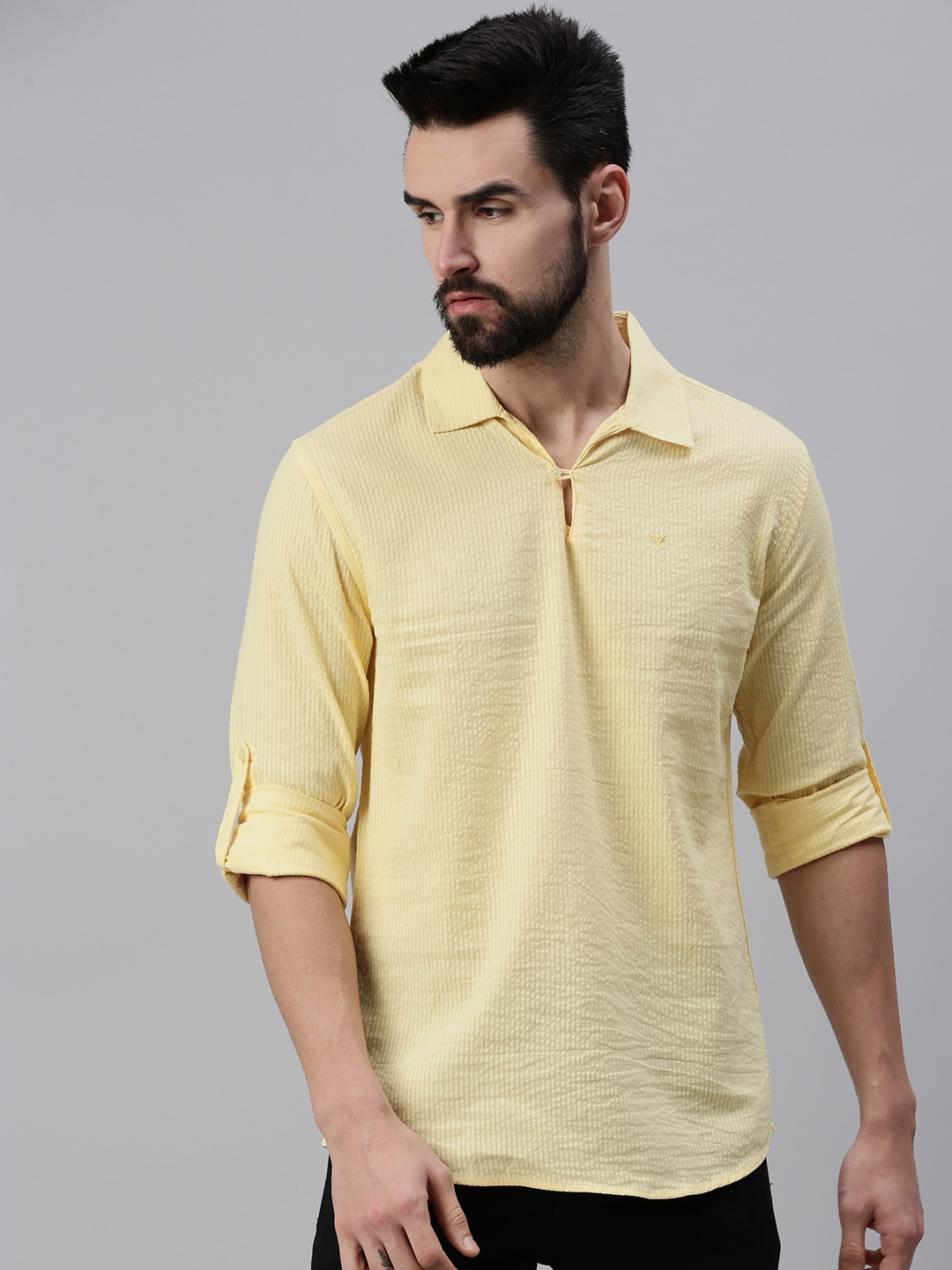 Showoff | SHOWOFF Men's Solid Yellow Shirt Collar Kurta 1