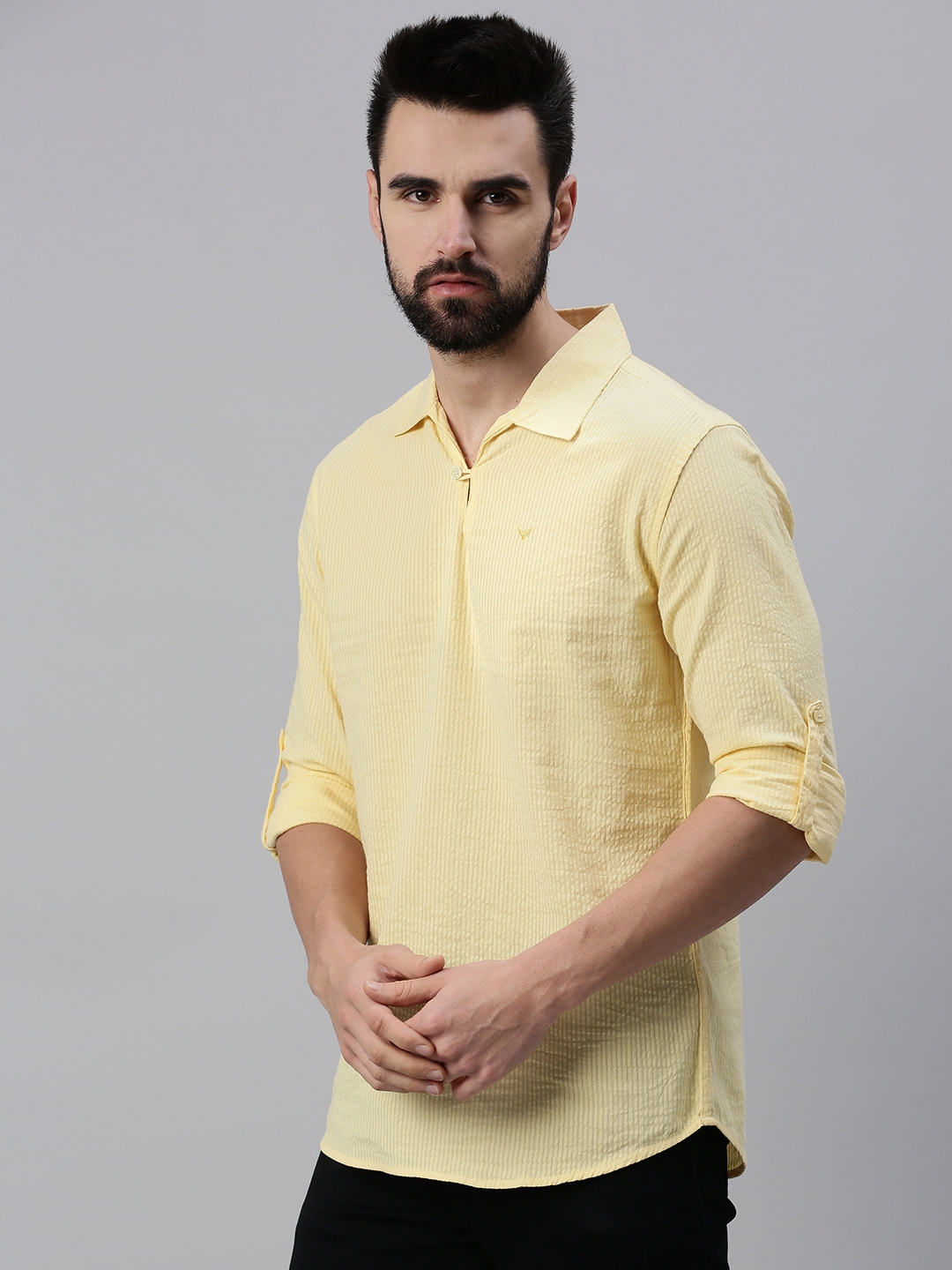 Showoff | SHOWOFF Men's Solid Yellow Shirt Collar Kurta 2