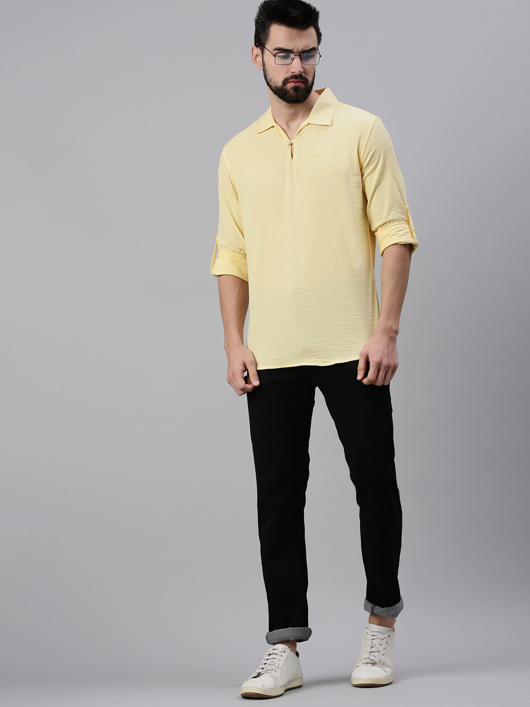 Showoff | SHOWOFF Men's Solid Yellow Shirt Collar Kurta 4
