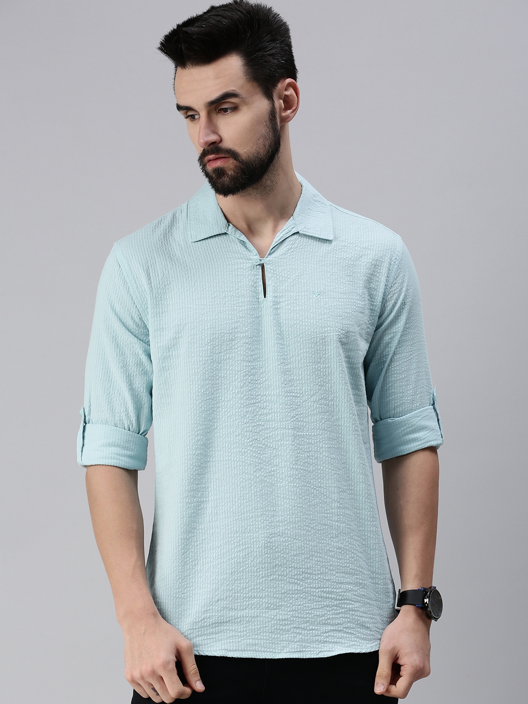 Showoff | SHOWOFF Men's Solid Blue Shirt Collar Kurta 1