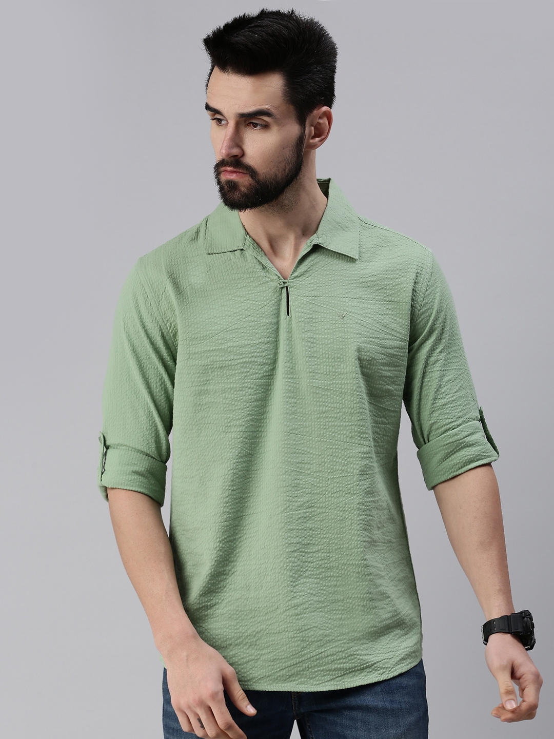 Showoff | SHOWOFF Men's Solid Green Shirt Collar Kurta 0