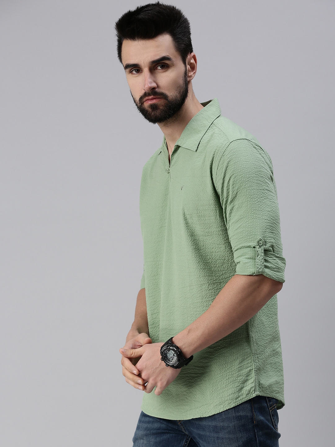 Showoff | SHOWOFF Men's Solid Green Shirt Collar Kurta 1