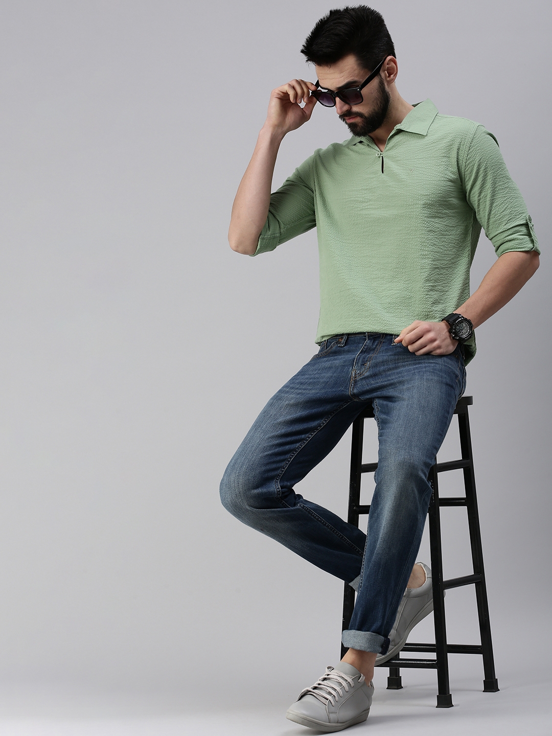 Showoff | SHOWOFF Men's Solid Green Shirt Collar Kurta 3