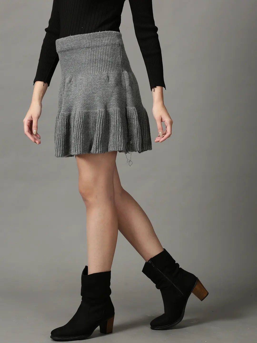 SHOWOFF Women's Flared Grey Solid Mini Skirt