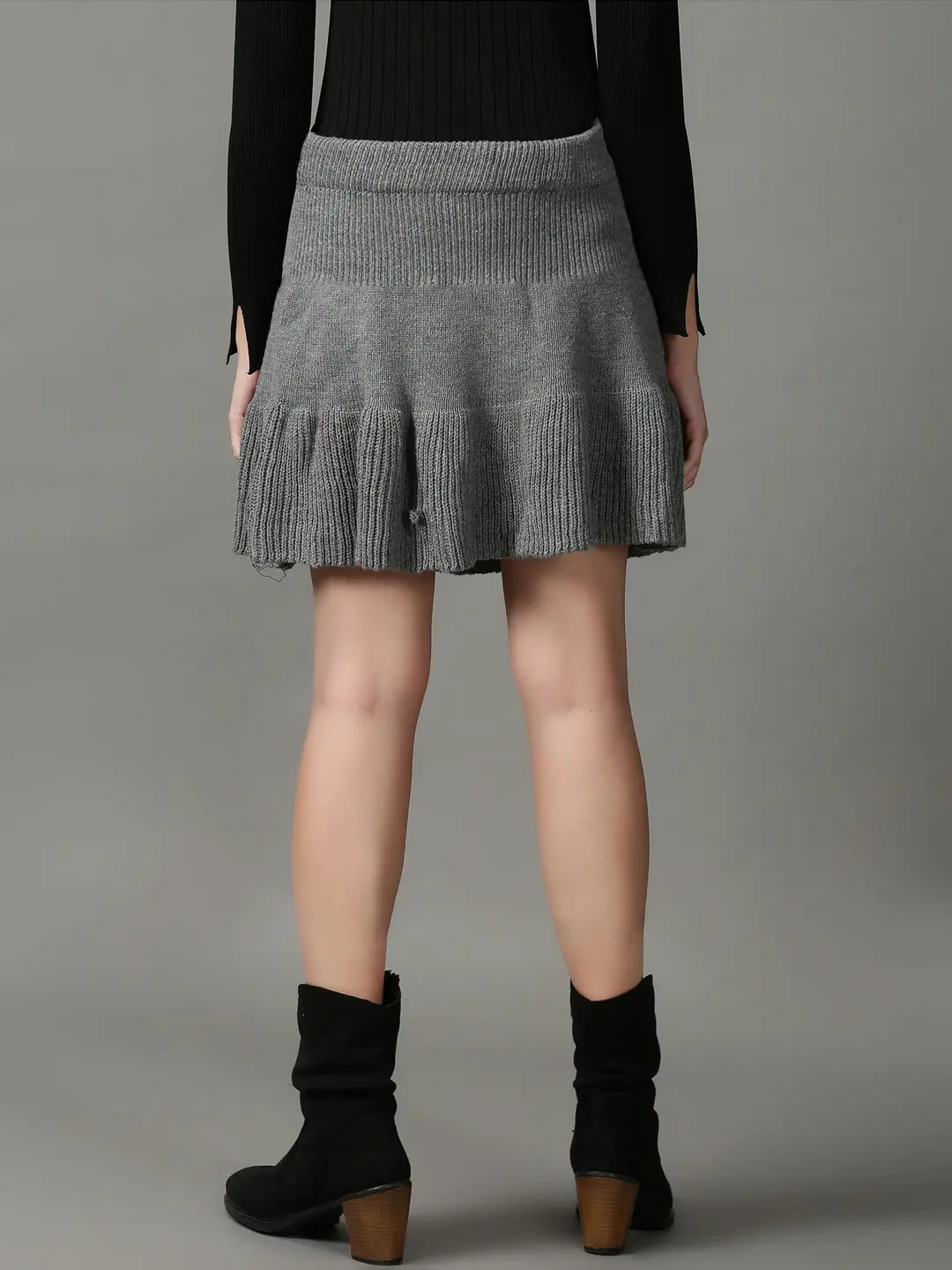 SHOWOFF Women's Flared Grey Solid Mini Skirt