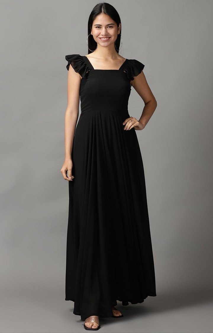 Buy Black Crepe Hand Embroidered Floral Patterns One Shoulder Gown For Women  by Ariyana Couture Online at Aza Fashions.