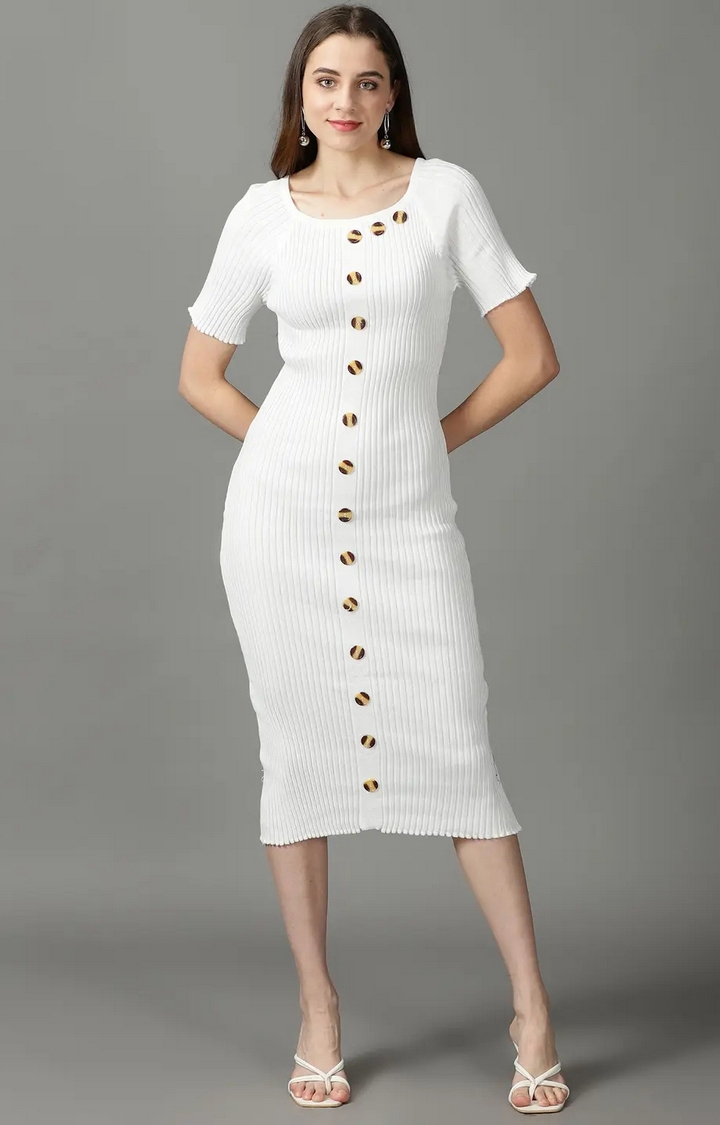 Showoff | SHOWOFF Women White Solid Square Neck Short Sleeves Midi Bodycon Dress 0