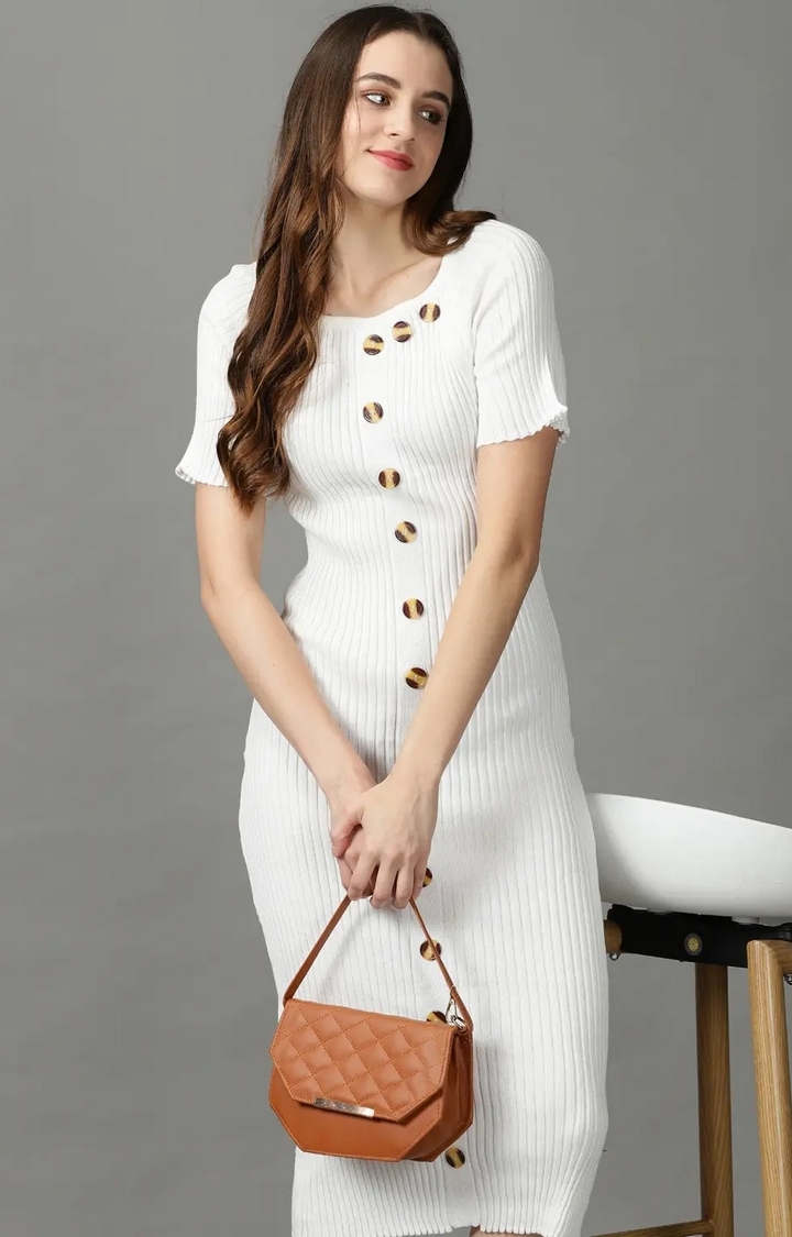 Showoff | SHOWOFF Women White Solid Square Neck Short Sleeves Midi Bodycon Dress 1