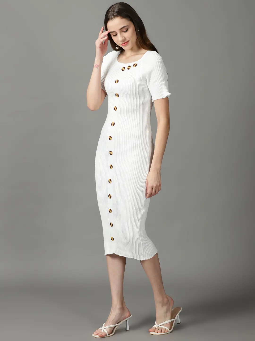 Showoff | SHOWOFF Women White Solid Square Neck Short Sleeves Midi Bodycon Dress 2
