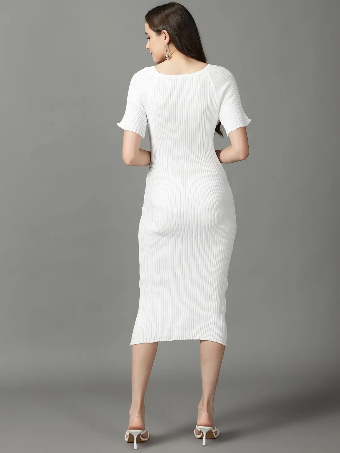 Showoff | SHOWOFF Women White Solid Square Neck Short Sleeves Midi Bodycon Dress 3