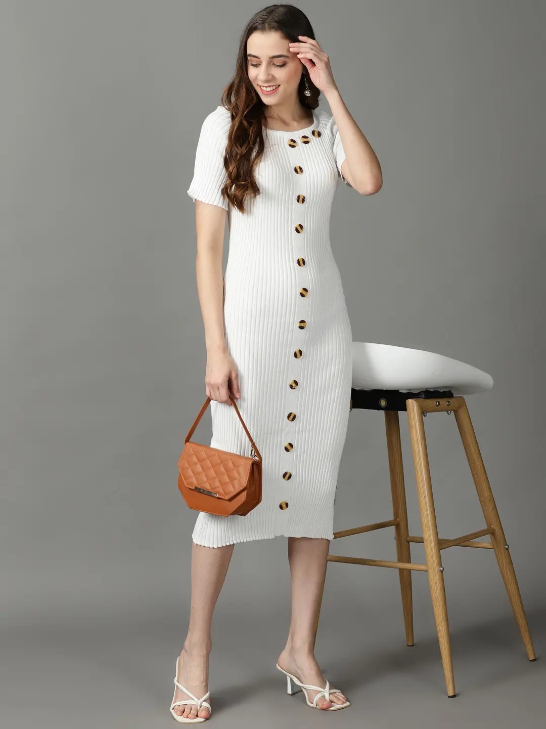 Showoff | SHOWOFF Women White Solid Square Neck Short Sleeves Midi Bodycon Dress 4