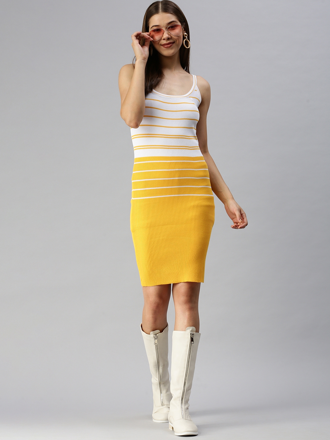 Showoff | SHOWOFF Women Yellow Striped Shoulder Straps Sleeveless Above Knee Bodycon Dress 3