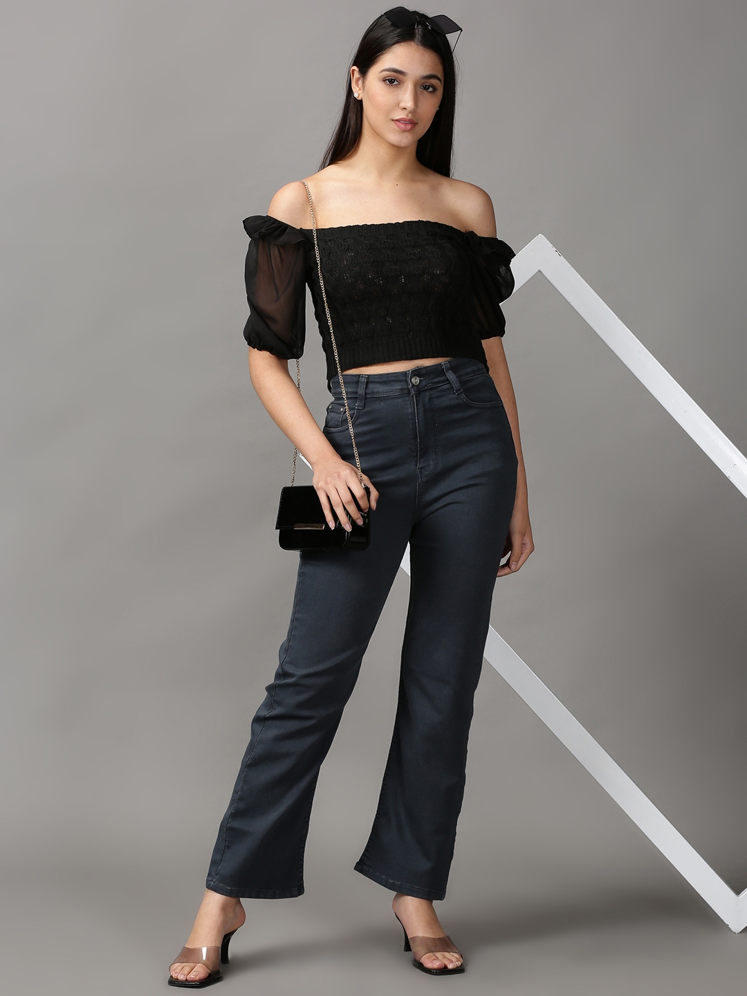SHOWOFF Women's Self Design Sleeveless Black Bralette Crop Top