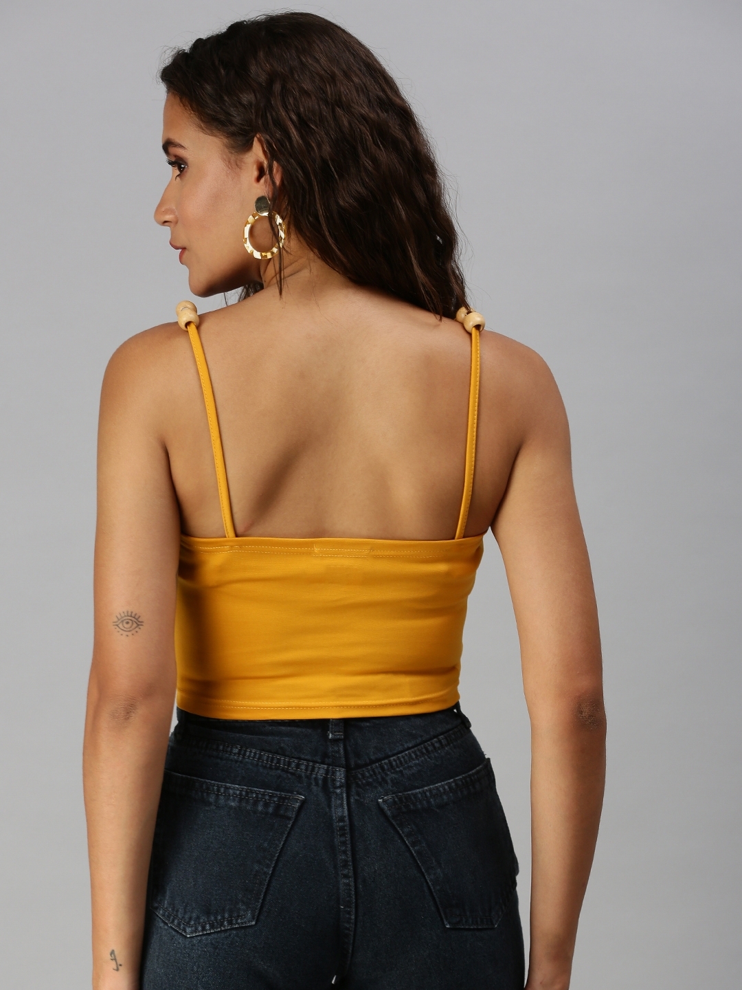 SHOWOFF Women Mustard Solid Sweetheart Neckline Sleeveless Crop