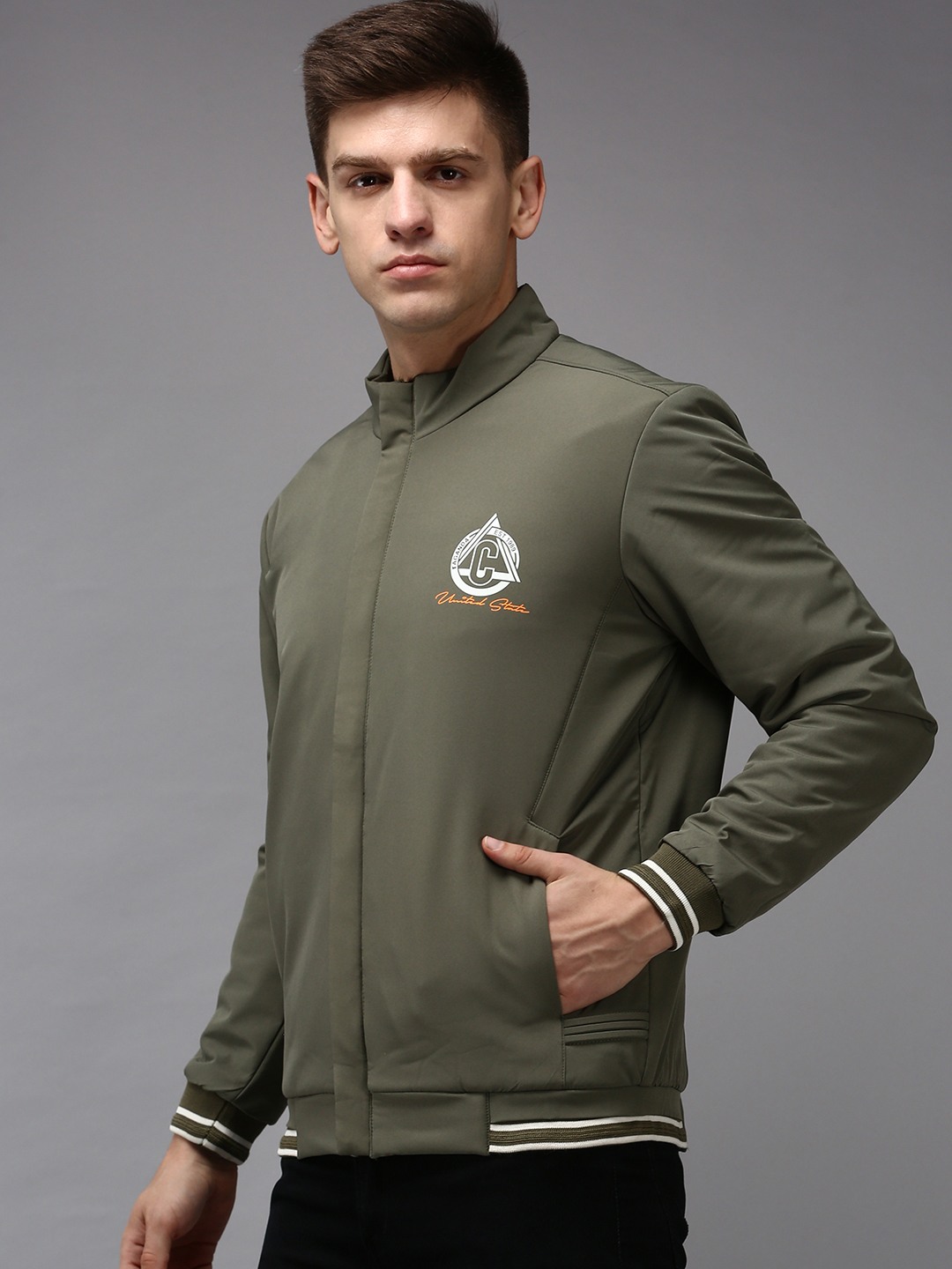 Showoff | SHOWOFF Men Olive Solid  Mandarin Collar Full Sleeves Padded Jacket 2