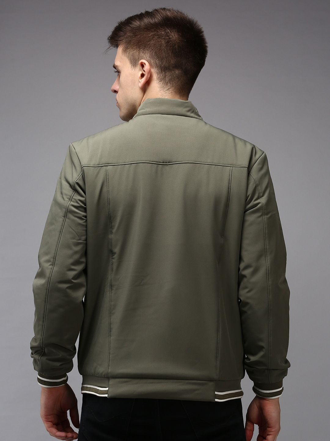 Showoff | SHOWOFF Men Olive Solid  Mandarin Collar Full Sleeves Padded Jacket 3