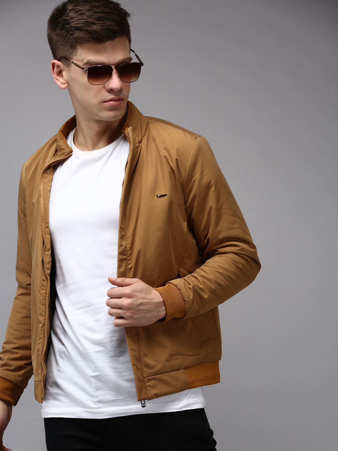 Showoff | SHOWOFF Men Khaki Solid  Mandarin Collar Full Sleeves Padded Jacket 0