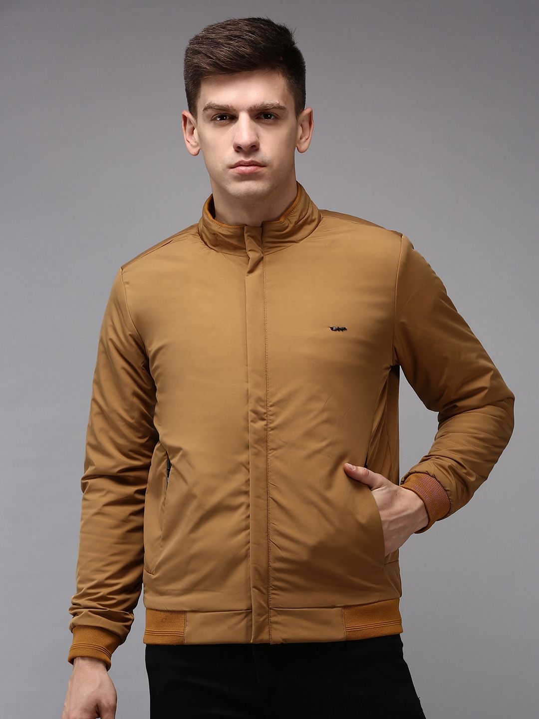 Showoff | SHOWOFF Men Khaki Solid  Mandarin Collar Full Sleeves Padded Jacket 1