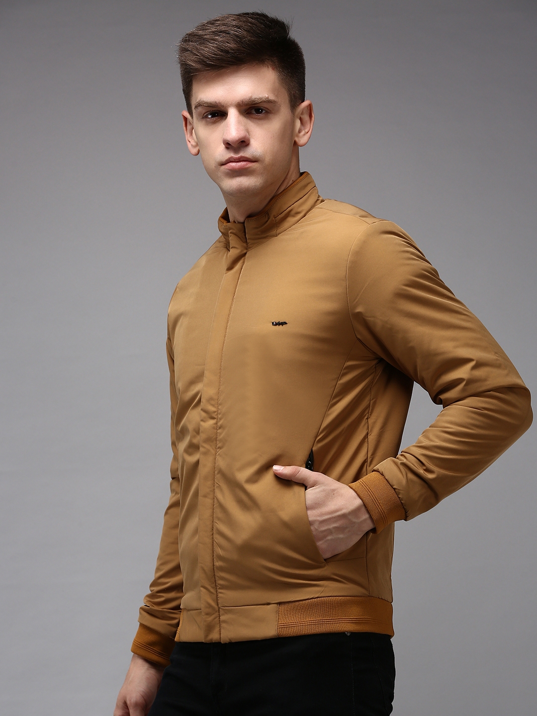 Showoff | SHOWOFF Men Khaki Solid  Mandarin Collar Full Sleeves Padded Jacket 2