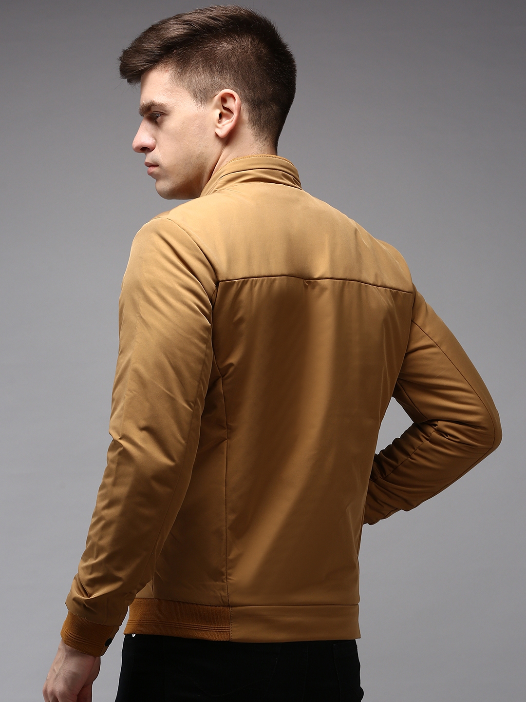 Showoff | SHOWOFF Men Khaki Solid  Mandarin Collar Full Sleeves Padded Jacket 3