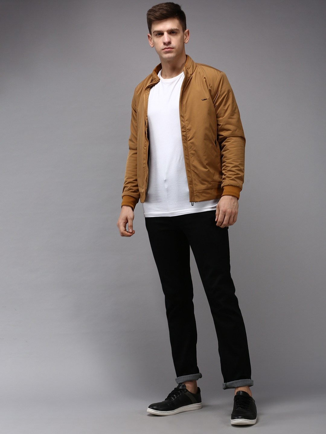 Showoff | SHOWOFF Men Khaki Solid  Mandarin Collar Full Sleeves Padded Jacket 4