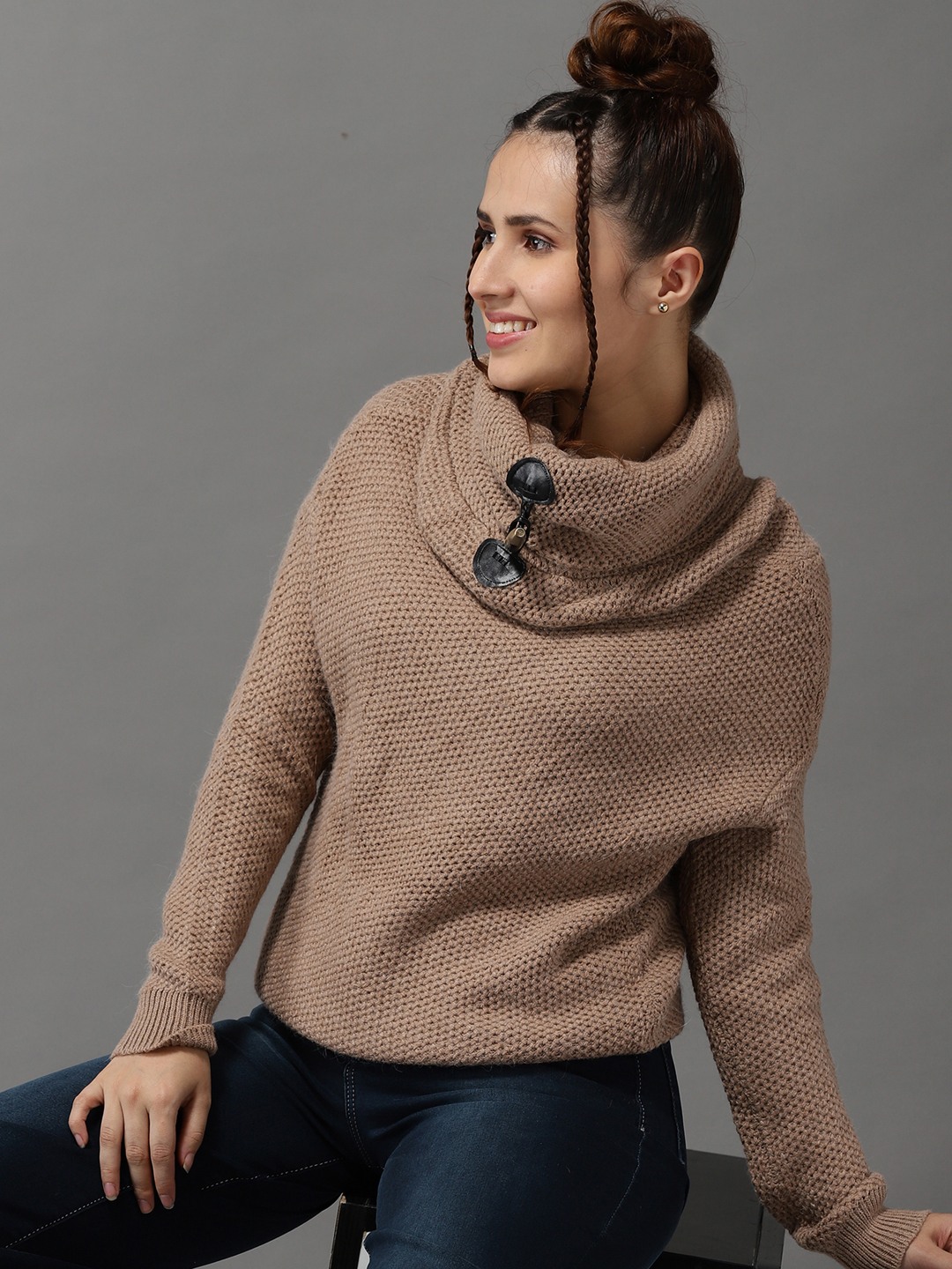 SHOWOFF Women Brown Solid Hooded Full Sleeves Pullover Sweater