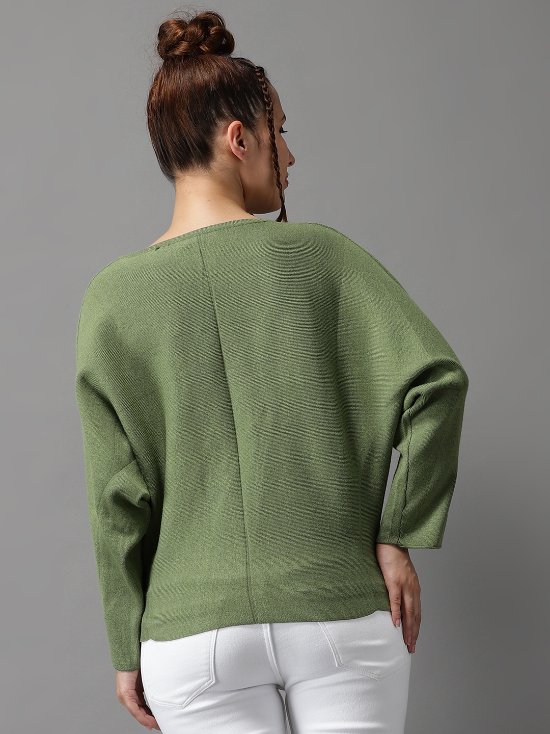 Showoff | SHOWOFF Women Olive Solid Round Neck Full Sleeves Pullover Sweater 2