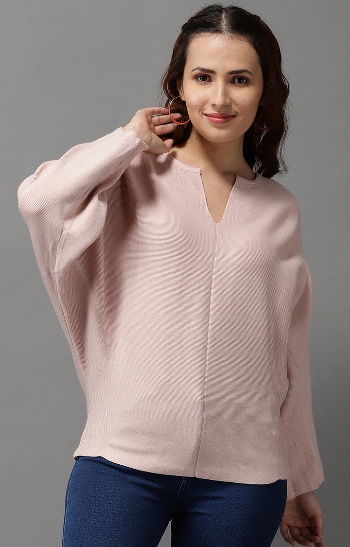 Showoff | SHOWOFF Women Peach Solid Round Neck Full Sleeves Pullover Sweater 0