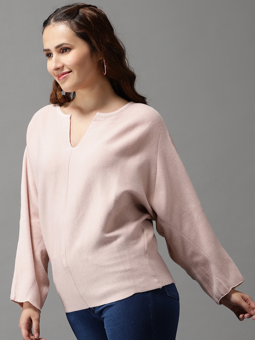 Showoff | SHOWOFF Women Peach Solid Round Neck Full Sleeves Pullover Sweater 1