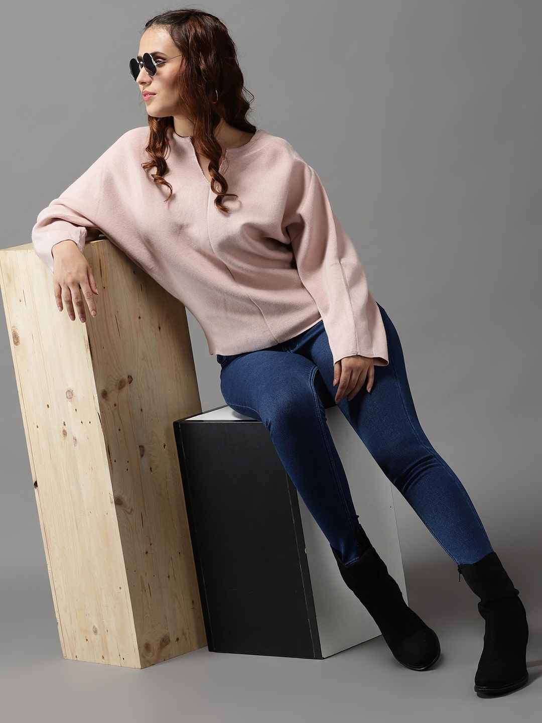 Showoff | SHOWOFF Women Peach Solid Round Neck Full Sleeves Pullover Sweater 3