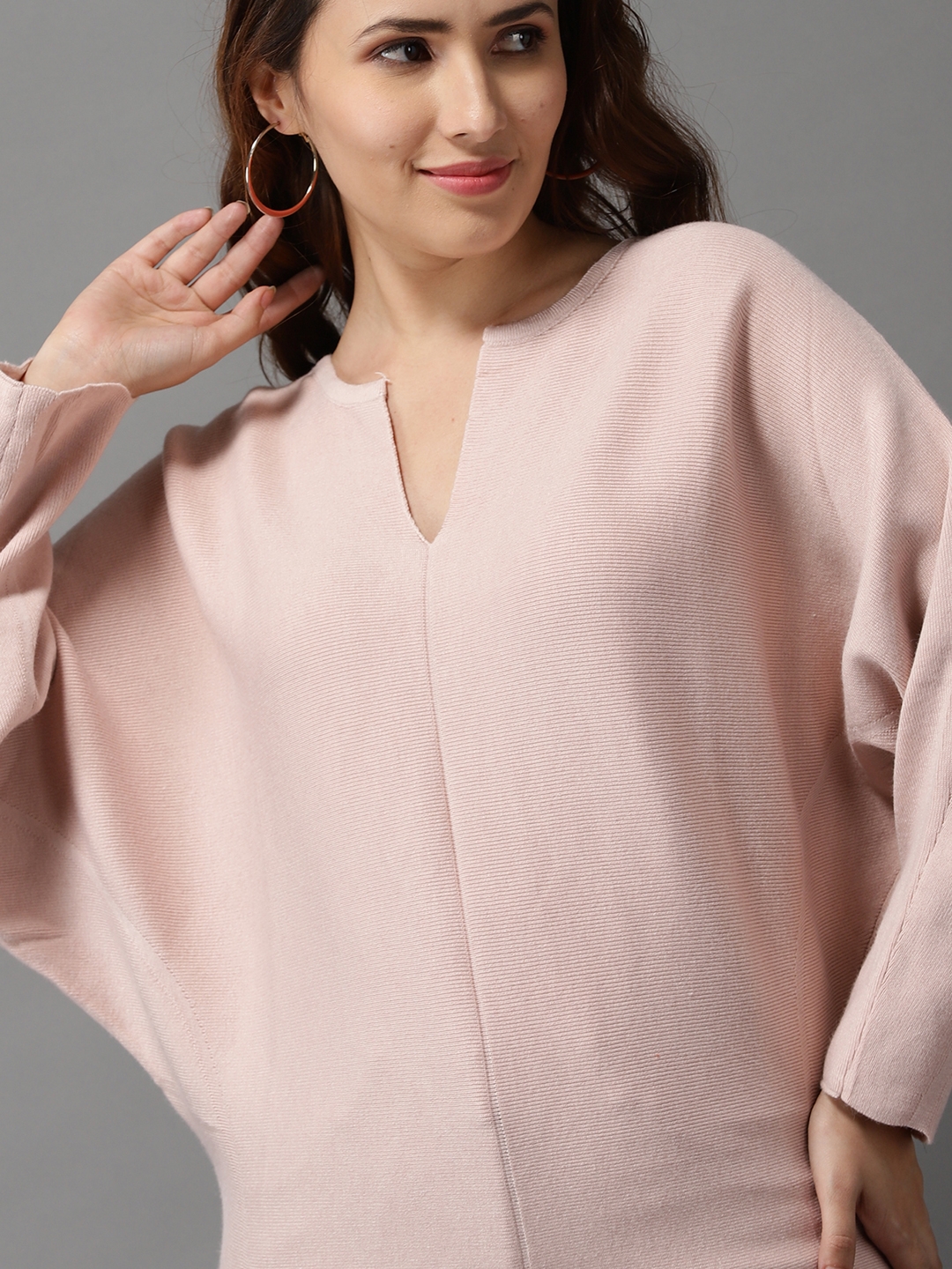 Showoff | SHOWOFF Women Peach Solid Round Neck Full Sleeves Pullover Sweater 4
