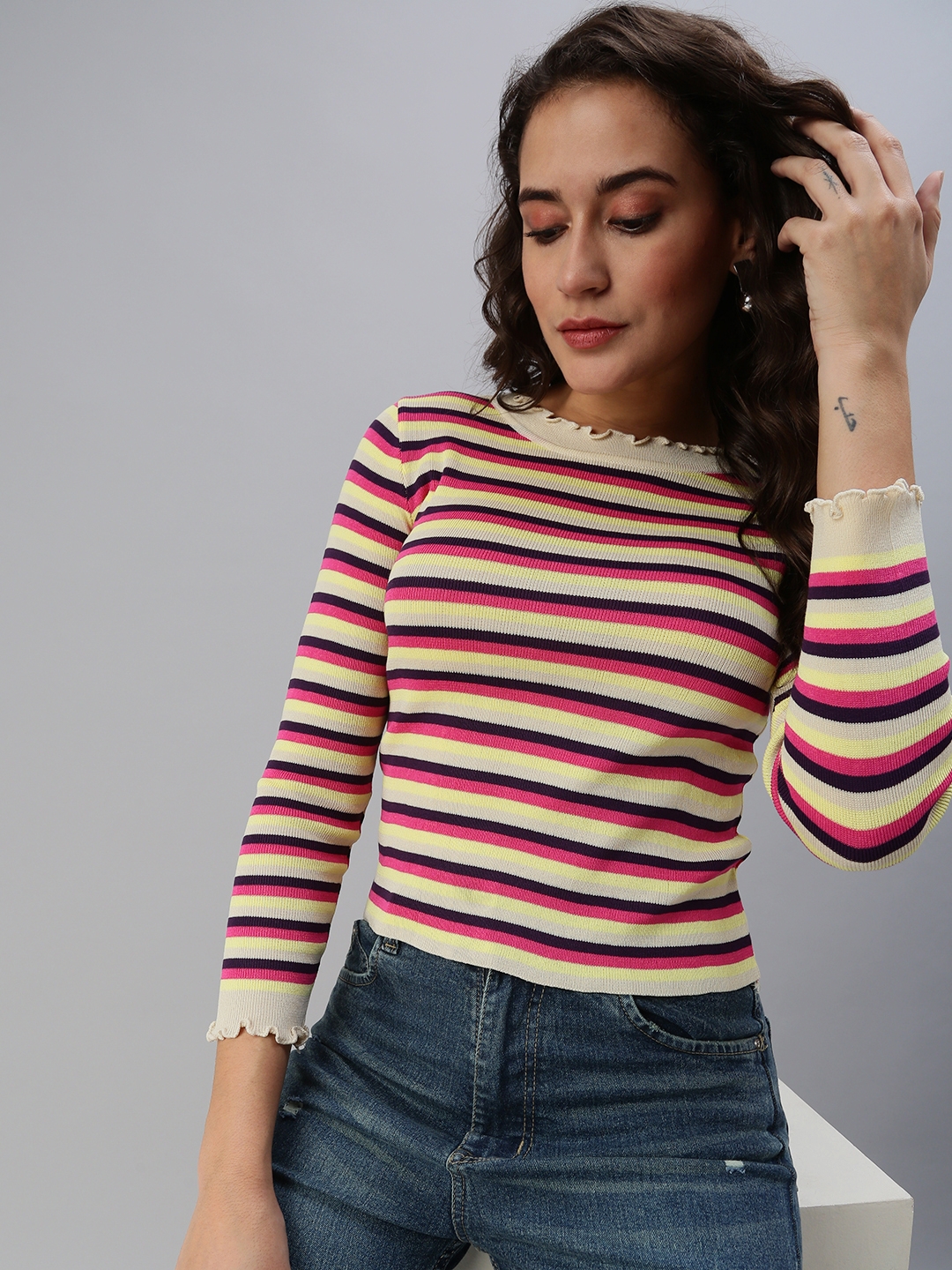 Showoff | SHOWOFF Women Beige Striped Round Neck Full Sleeves Regular Fitted Top 0
