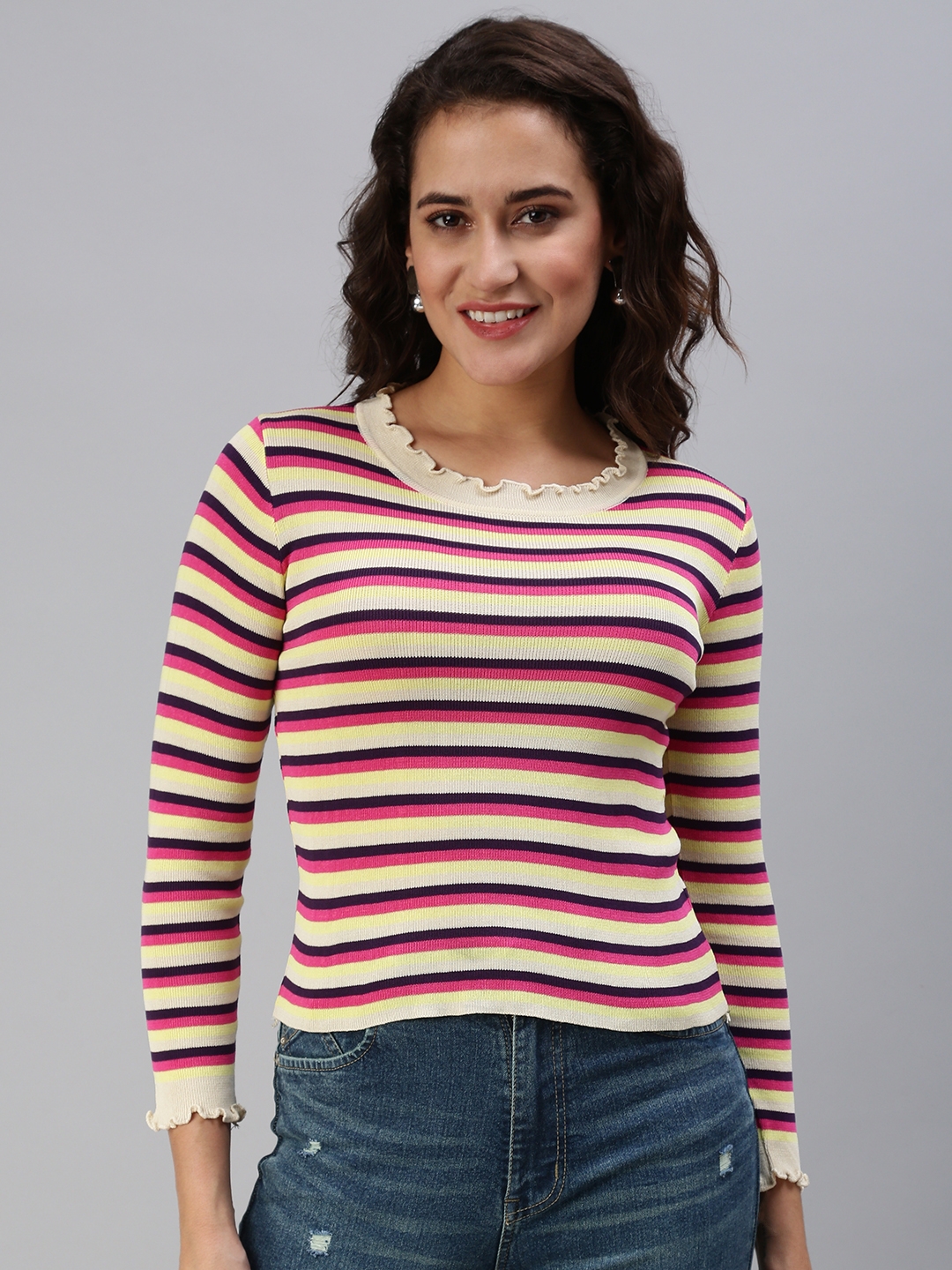 Showoff | SHOWOFF Women Beige Striped Round Neck Full Sleeves Regular Fitted Top 1