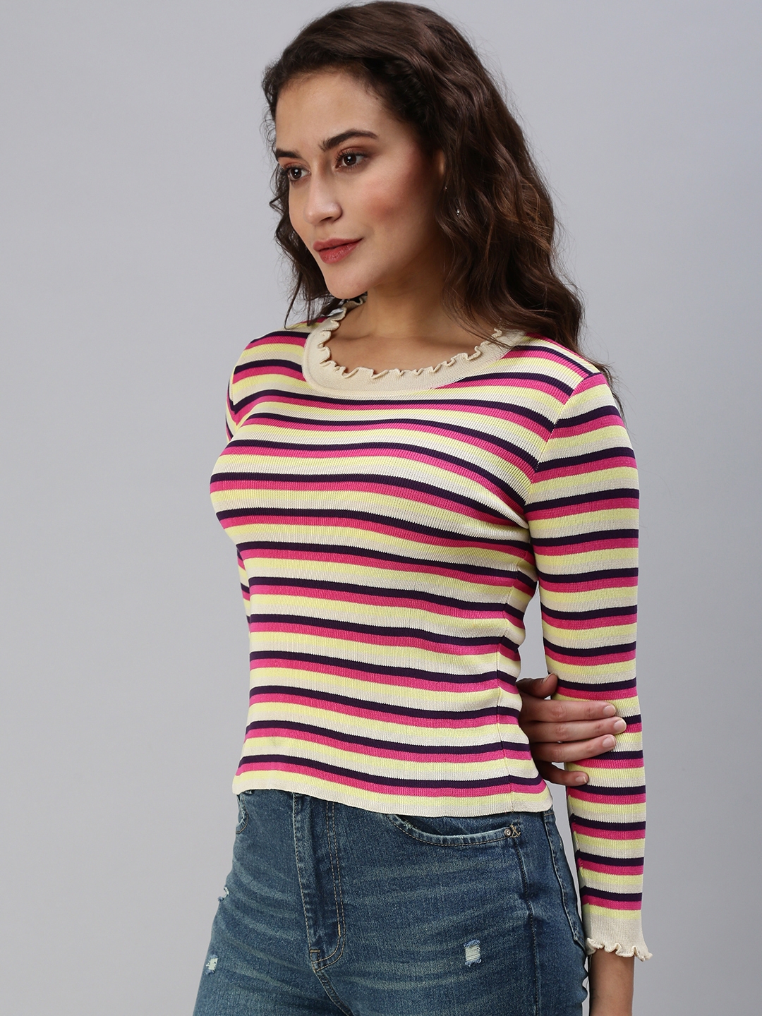 Showoff | SHOWOFF Women Beige Striped Round Neck Full Sleeves Regular Fitted Top 2