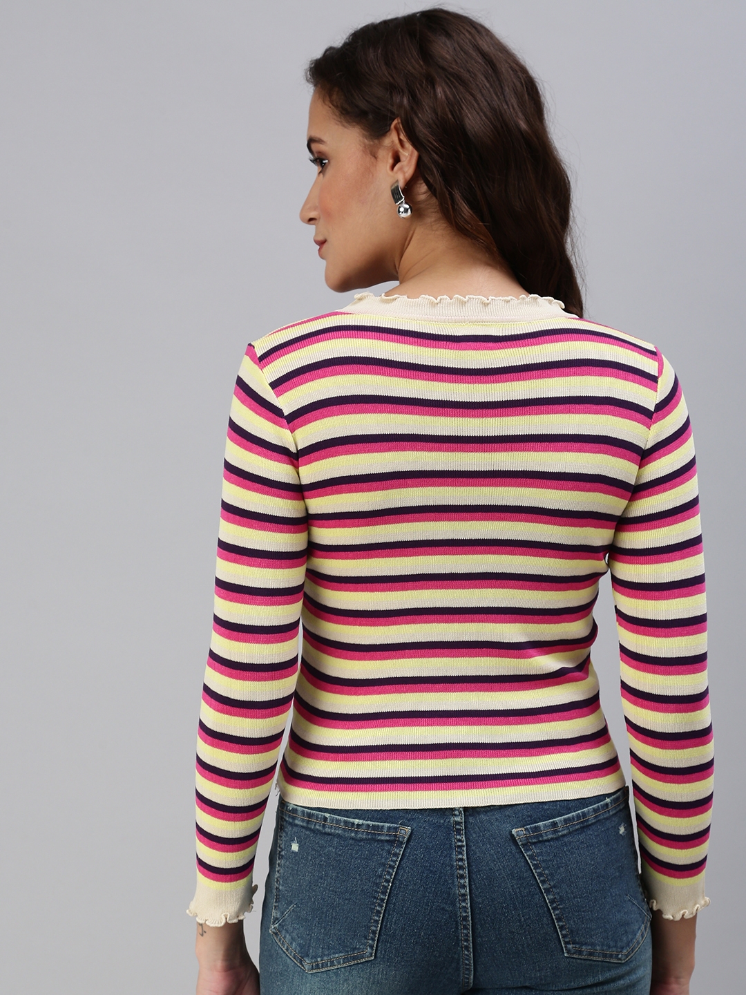 Showoff | SHOWOFF Women Beige Striped Round Neck Full Sleeves Regular Fitted Top 3