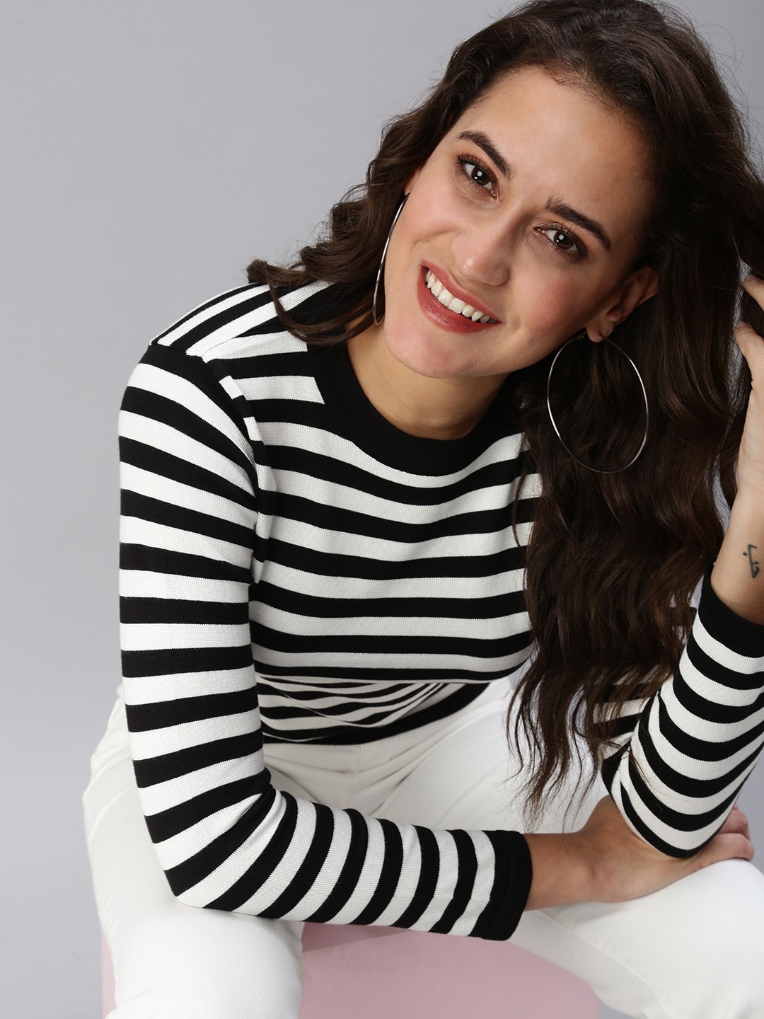 SHOWOFF Women's Horizontal Stripes Fitted Black Round Neck Top