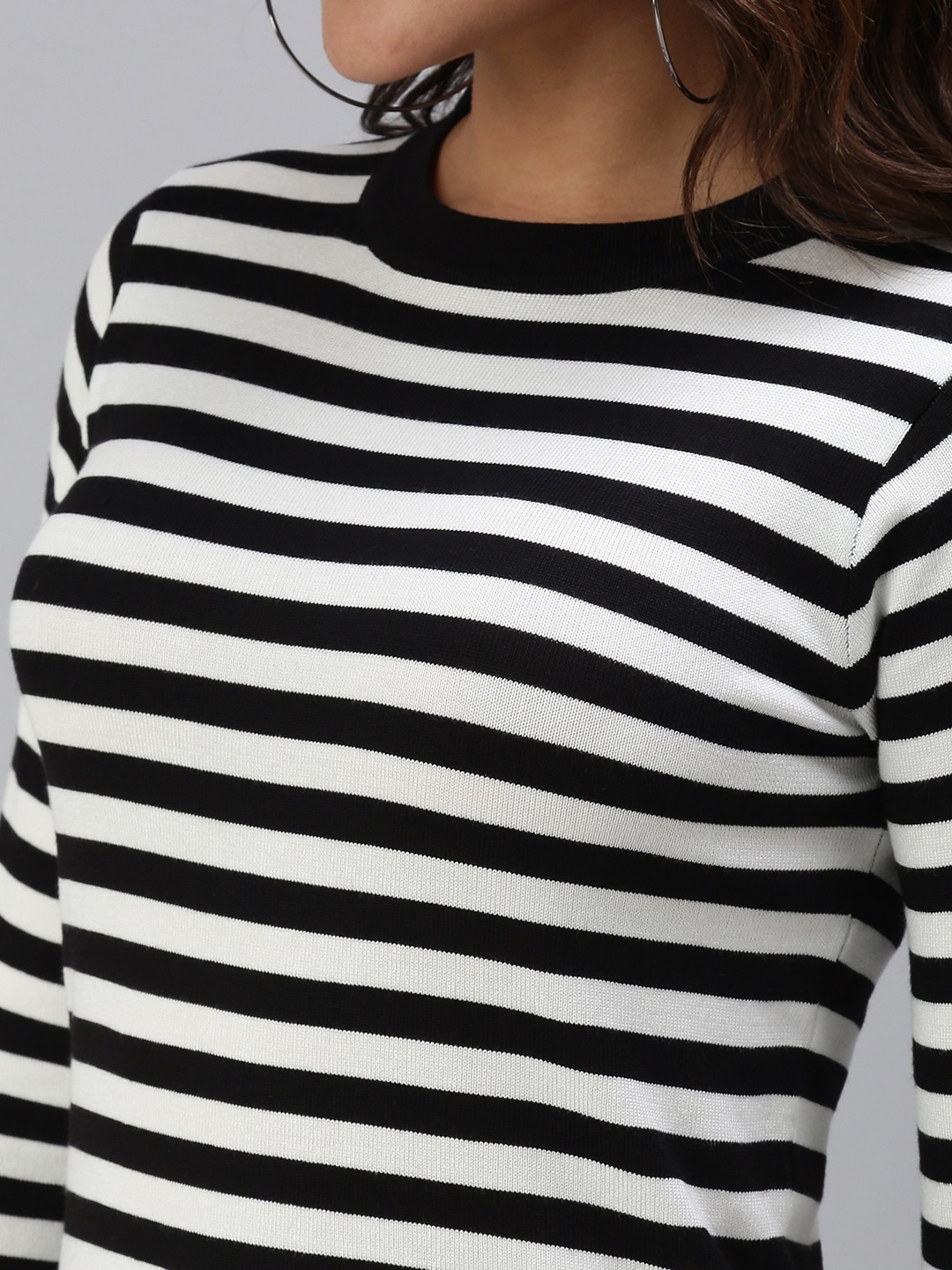 SHOWOFF Women's Horizontal Stripes Fitted Black Round Neck Top