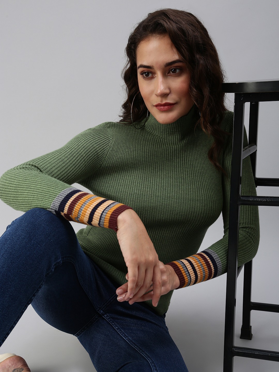 SHOWOFF Women Green Solid High Neck Full Sleeves Regular Fitted Top